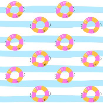 Seamless pattern with ring life buoy on blue and white striped background. Vector illustration.