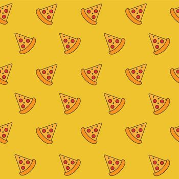 Seamless pattern with pizza slice icons on yellow background. Fast food, street takeaway junk food. Vector illustration