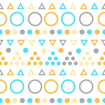 Geometric seamless pattern with colorful figures. Triangles, sircles on white background. Endless texture in orange and blue colors