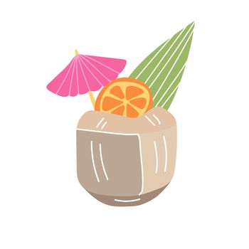 Coconut water drink. Shelled coconut cocktail icon isolated on white background. Tiki fruity exotic drink