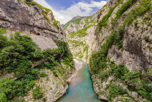 The purest waters of the turquoise color of the river Moraca flowing among the canyons. Travel around Montenegro concept.