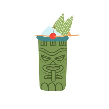 Hand-drawn doodle cartoon style vector illustration. Sweet Tiki cocktail in the Idol face glass with cherry. For bar menu or alcohol cook book recipe