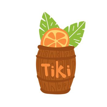 Tiki cocktail in a brown barrel glass. Citrus bar cocktail. Summer drink, alcohol. Icon on white