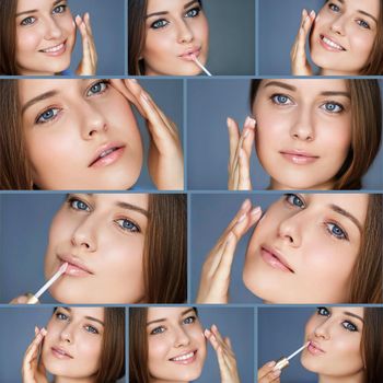 Beauty, makeup and skincare cosmetics collage, beautiful woman using cosmetic products on blue background, model face closeup portrait, luxury facial care ad