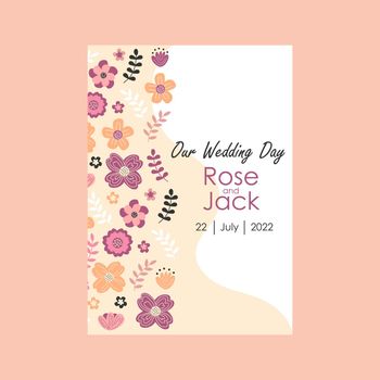 Wedding invitation template in pastel colors. Hand drawn flowers and natural elements. Our wedding day card