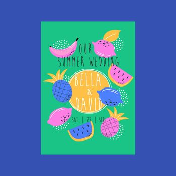 Wedding invitation with fruits. Greeting date card with summer elements. Vector illustration with modern summer colors