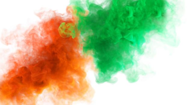 Green and Orange mystery smoke texture on a white background. Irish colors. 3D render abstract art for Saint Patricks Day or other fan party