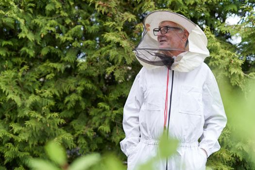 Relaxed beekeeper with protective gloves looking aside distracted in a farm