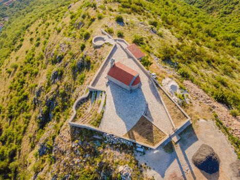 The Church of St. Sava in Montenegro, near the island of Sveti Stefan near Budwa. Drone view. Location: church St. Sava, Montenegro, Balkans, Adriatic sea, Europe.