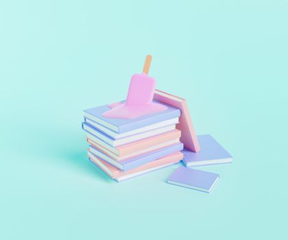 3D illustration of pink ice cream melting on top of planners stacked together against turquoise background during summer break