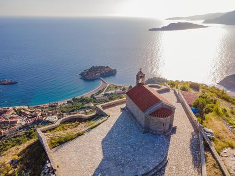 The Church of St. Sava in Montenegro, near the island of Sveti Stefan near Budwa. Drone view. Location: church St. Sava, Montenegro, Balkans, Adriatic sea, Europe.