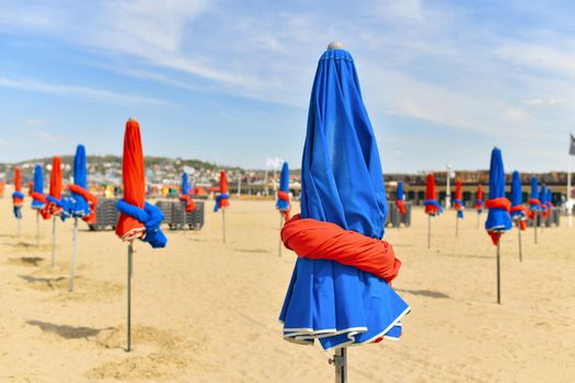 The typical colored umbrellas at a beach