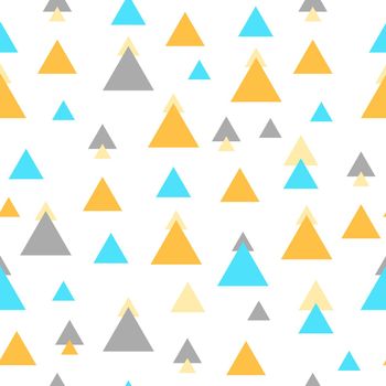 Geometric seamless pattern with colorful figures. Triangles on white background. Endless texture in orange and blue colors