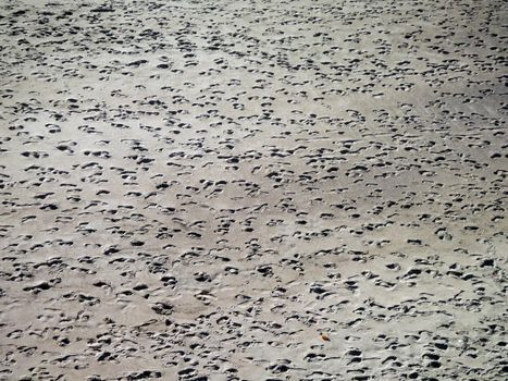 Lots of footprints in the sand on Ocean Beach in San Francisco, California.