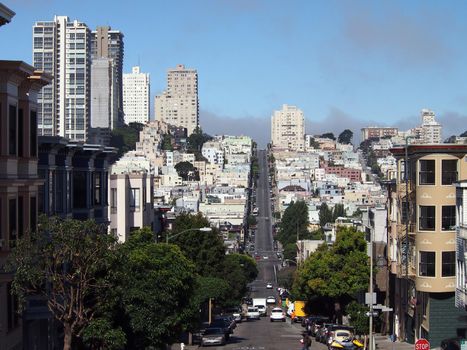 San Francisco street view of long straight uphill street in North Beach, California.