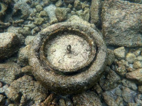 Old tire sits on top of sandy rocks underwater. This type of refuse can roll around, breaking coral colonies and polluting the environment. It can also serve as an artificial reef.