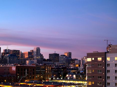 San Francisco Train Station and SOMA Cityscape of skyscrapers at Dusk in California