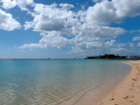 Ocean water ripples at Ala Moana Beach on a beautiful day on the island of Oahu, Hawaii.