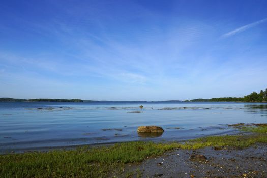 Grass and rocks in shallow waters off coast of Cousins Island, Yarmouth, Maine.