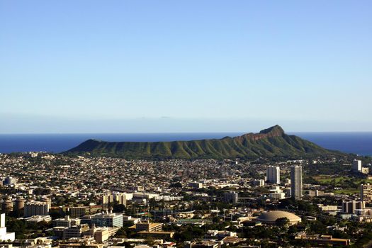 Diamondhead and the city of Honolulu on Oahu on a nice day. UH Manoa, Waikiki, Kahala and the H-1 Visible, seen from Round Top Dr. lookout point, March 2014.
