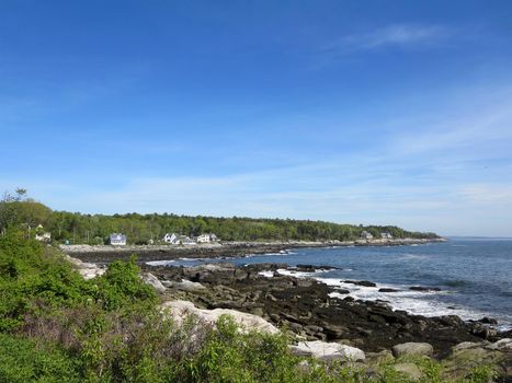 Peaks Island rocky Shoreline with trees and houses in Maine.