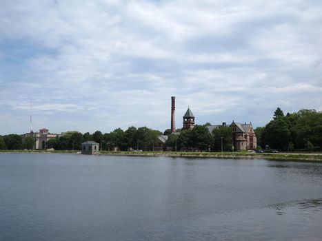 Historic Waterworks Museum on the original Chestnut Hill Reservoir and pumping station in Boston on a nice day.