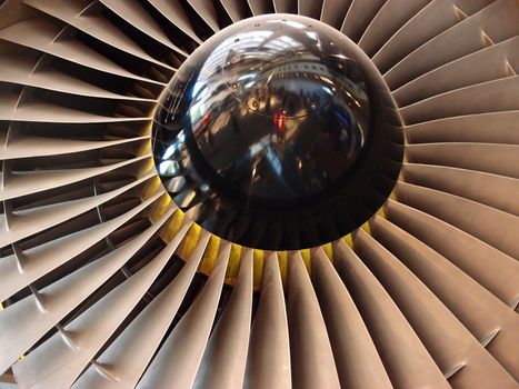 The turbine and blades of a jet engine.