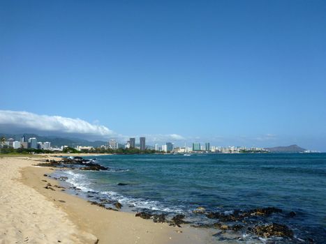 Sand Island beach off the coast of Oahu, Hawaii.  Featuring crashing waves and Honolulu, Waikiki in the background.