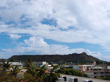 Diamond Head, buildings, and Kapahulu Town Area of Honolulu, Hawaii.  