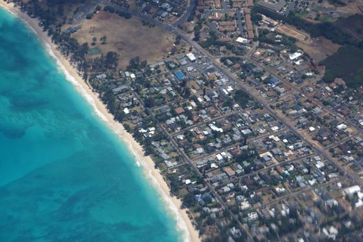 Aerial view of Waimanalo Beach, Homes, bay. Highway, Park and  Pacific Ocean on Oahu, Hawaii.