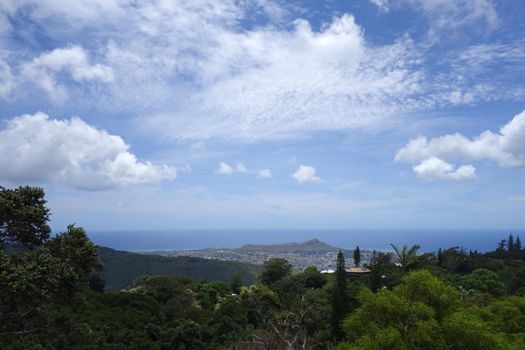 Diamondhead and the city of Honolulu, Kaimuki, Kahala, and oceanscape on Oahu on a nice day viewed from high in the mountains with tall trees in the foreground.  September 9, 2014.