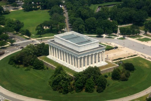 Aerial of landmark Abraham Lincon Memorial in Washington, D.C. seen from backside of building.