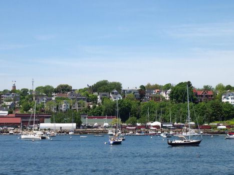 Portland Maine Coastline with boats in the water, homes on the shore, trees and Portland Observation tower in the distance.