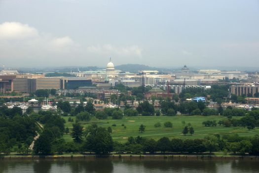 Washington DC Skyline with Park, and Lankmark buidlings including the Capitol building taken from the air.