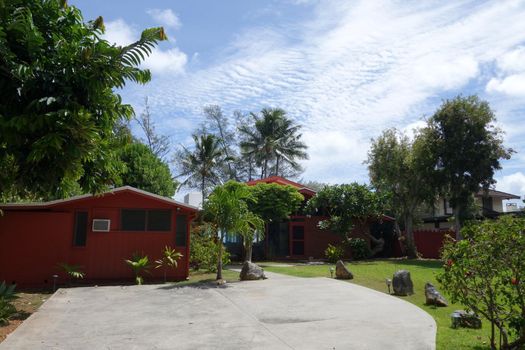 Driveway and Waimanalo Beach House on a nice day on Oahu, Hawaii 