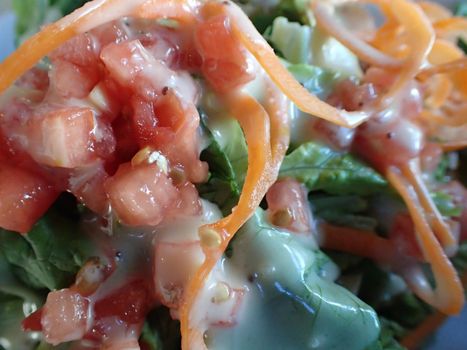 Close-up of a fresh salad featuring lettuce, tomato, carrot covered in creamy salad dressing.