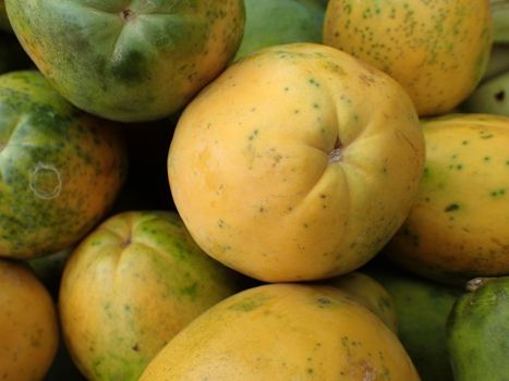 Close-up of Hawaiian papayas at a farmer's market in Maui, Hawaii.