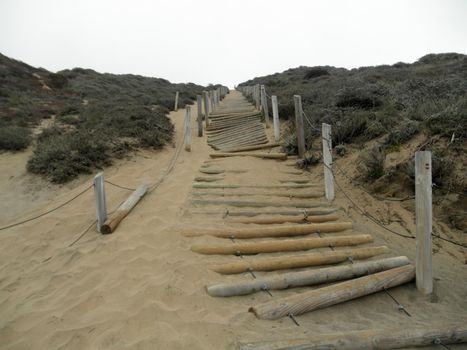 Well worn wooden rope staircase in the side of sand dune with plant bushes leading up from a beach in California. 