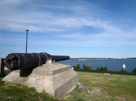 Historic USS Maine Gun from the sunk harbor of Havana, Cuba February 15th 1898 pointing into Casco Bay at Fort Allen Park, Portland ME