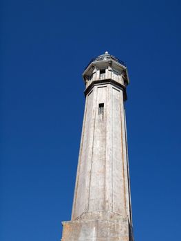 Old Lighthouse on Alcatraz Island on a clear day.