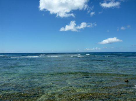 Shallow ocean waters with coral and small waves breaking in the distance of Waikiki area looking into the pacific ocean.