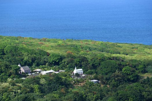 Aerial view of Coral Miracle Church, Wailua Peninsula on the road to Hana on Maui