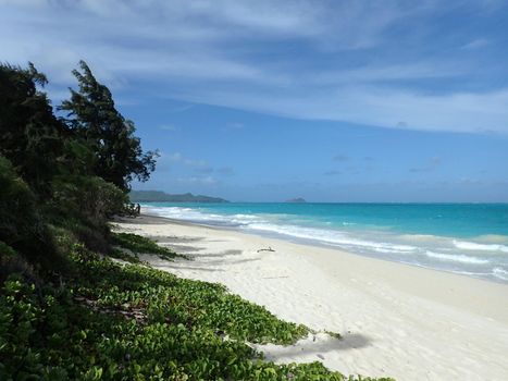 Gentle wave lap on white sand Waimanalo Beach looking towards Mokulua islands on a nice day Oahu, Hawaii.