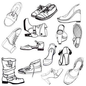 Big set of different shoes. Hand drawing objects, male and female shoes, sandals, feet, etc.