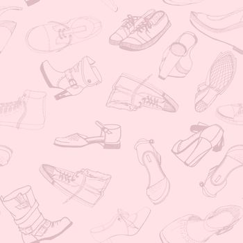 Seamless pattern with hand drawing objects, male and female shoes, sandals, feet, etc.