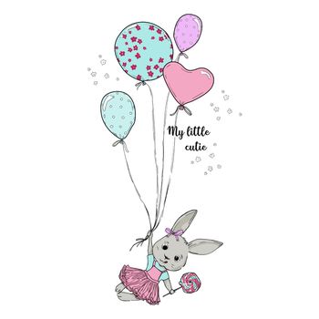 Cute dreaming cartoon rabbit animal hand drawn bunny illustration. kids nursery wear fashion design, baby shower invitation card, hand drawn illustration