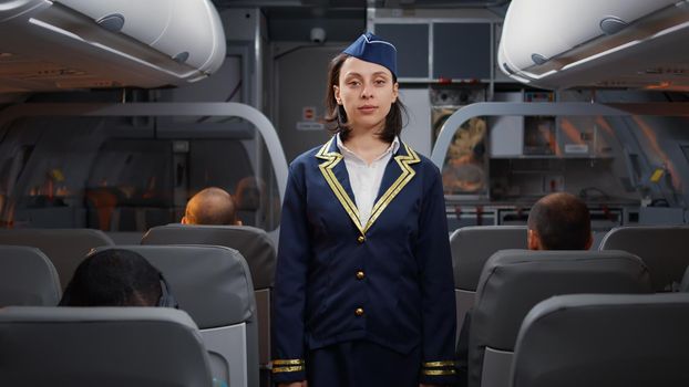 Portrait of female flight attendant sitting on airplane aisle, helping passengers to board and be seated on plane. Flying with international airline service, having transportation responsibility.