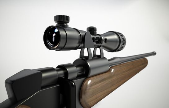 Rifle scope attached on the hunting rifle. 3D illustration.