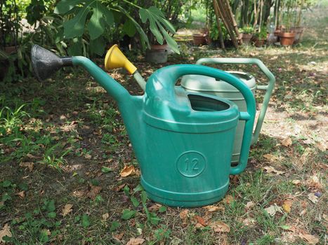 two green watering cans in the grass