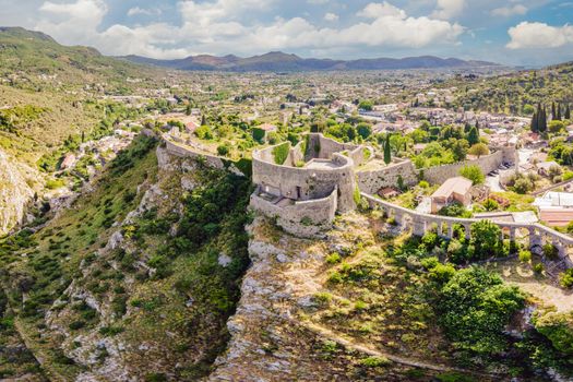 Old city Sunny view of ruins of citadel in Stari Bar town near Bar city, Montenegro. Drone view.